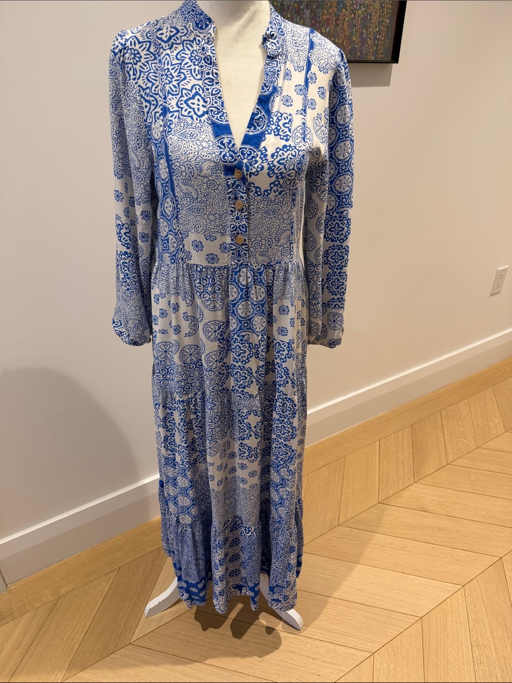 Zara Blue & White Patchwork Print Tiered Maxi Dress – XS
